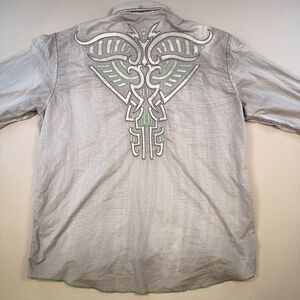 Roar Signature Button Down Shirt Mens XXXL Gray Green Embroidered Distressed Y2K